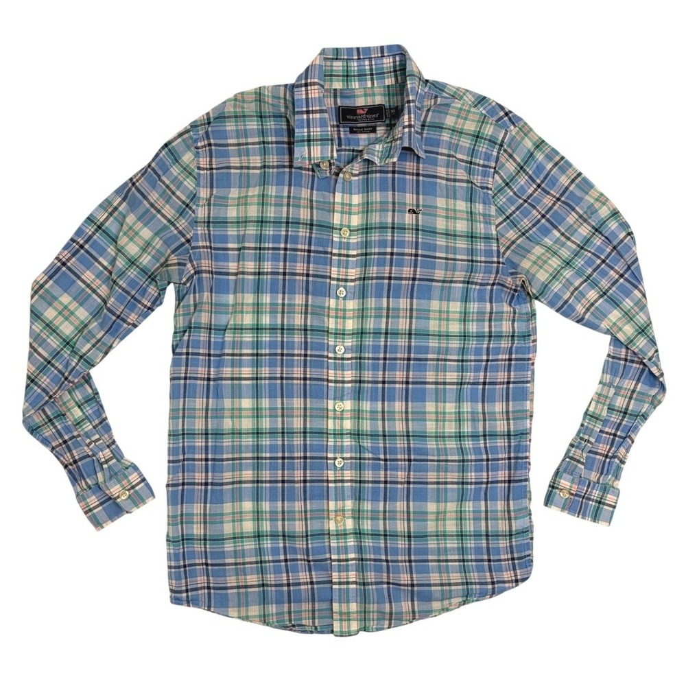 Vineyard Vines Boys Whale Shirt XL 18 Blue Green Plaid Button Down Long Sleeve